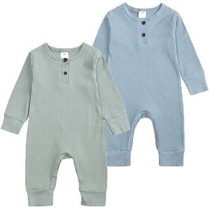 Baby Boy Girl 2 Pack Button Solid Romper Long sleeve Cotton Footless Outfits